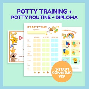 Puede incluir: Un conjunto de tablas imprimibles para el entrenamiento para ir al baño y un diploma. Las tablas incluyen un horario diario con espacios para rastrear las rutinas de la mañana, la tarde y la hora de acostarse. El diploma presenta una ilustración de una estrella y un koala. El texto "POTTY TRAINING + POTTY ROUTINE + DIPLOMA".