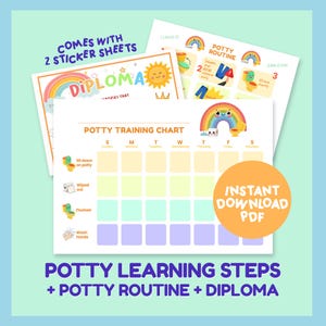 Puede incluir: Un colorido gráfico de entrenamiento para ir al baño con un diseño de arcoíris y sol, junto con un diploma y una guía de rutina. El gráfico incluye espacios para rastrear el progreso y el texto "Potty Learning Steps + Potty Routine + Diploma". Incluye 2 hojas de pegatinas.
