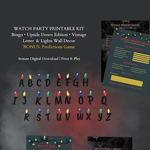 Bingo de Finale Stranger Watch Party + Juego de predicciones extra, Watch Party de los 80, Kit de luces de pared con letras, Juego de predicciones (Descarga digital)