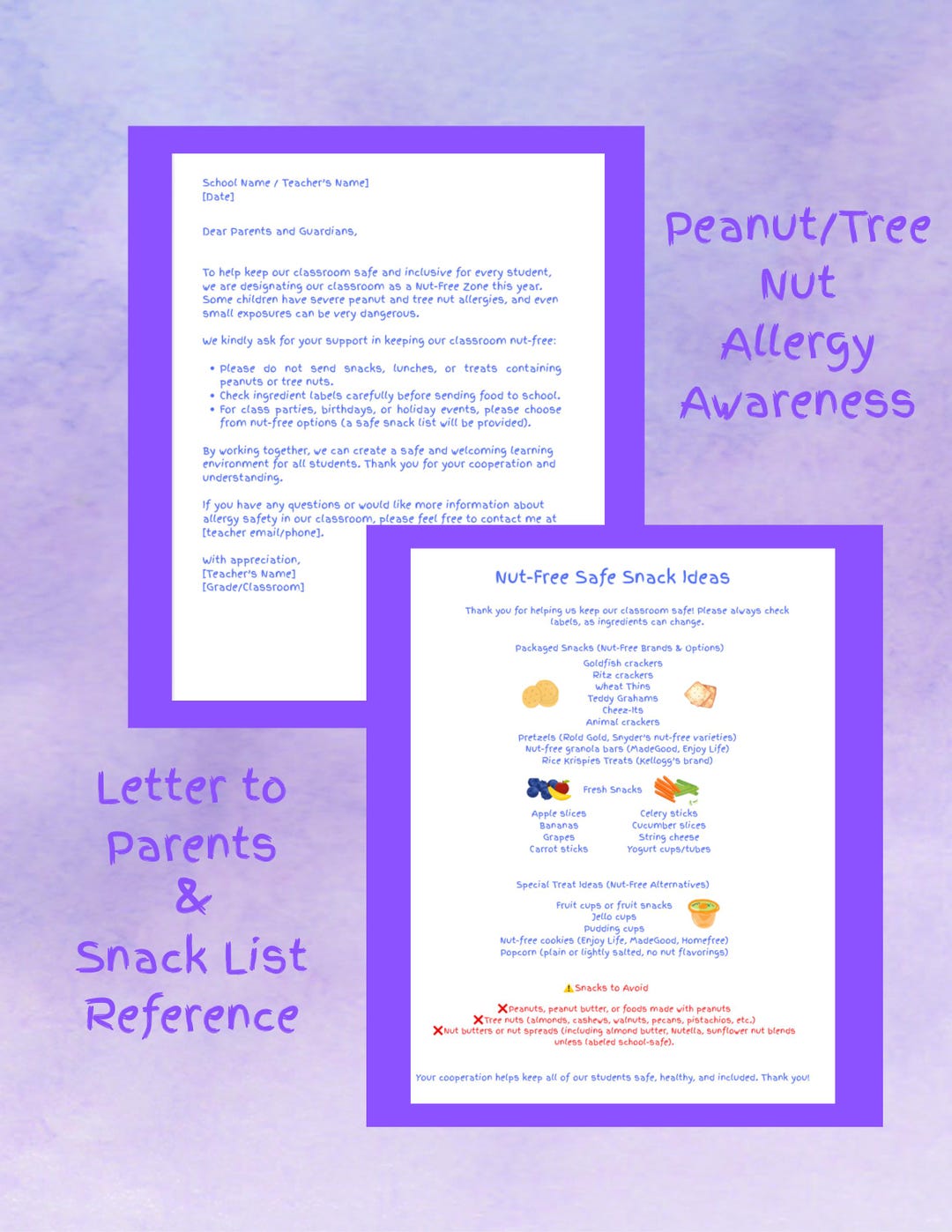 Editable Nut-free Parent Letter & Safe Snack List: Allergy Awareness ...