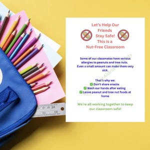 Nut-Free Classroom Poster for Kids | Peanut Allergy Awareness Sign | Elementary School Wall Decor Printable