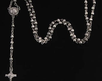Collar de rosario de acero inoxidable con cuentas de 4 mm, collar de rosario pequeño, collar de joyería para mujer, collar con cruz de Jesús.