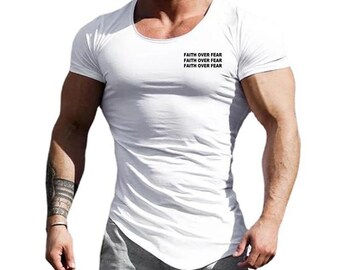 Faith Over Fear Print Short Sleeve Sport T-Shirt Cotton Breathable Slim Fit Gym Fitness Shirt Men Irregular Hem Bodybuilding Top