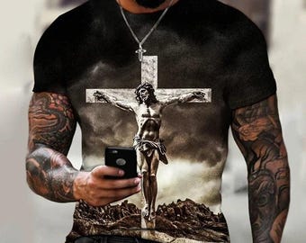 God Religion Christ Jesus Cross Print Summer Men's Round Neck T-shirt Casual Short Sleeve Oversized T Shirt Fashion Men Clothing