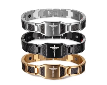 Jesus Magnetic Bracelet Homme Black Carbon Fibre Luxury Stainless Steel 21Cm Health Energy Magnet Jewelry Benefits Waterproof