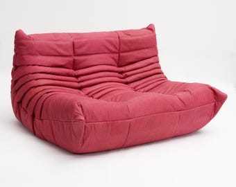 Ligne Roset Togo Sofa Loveseat – Fuchsia Reupholstered Natural Leather