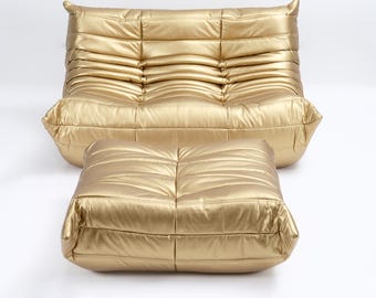 Ligne Roset Togo Fireside Chair & Ottoman Set in Gold