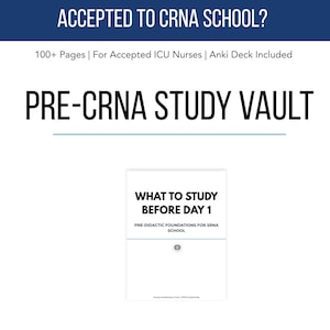 May include: A white book cover with the text "WHAT TO STUDY BEFORE DAY 1" and "PRE-DIDACTIC FOUNDATIONS FOR SRNA SCHOOL". The title "PRE-CRNA STUDY VAULT" is above the book. The text "ACCEPTED TO CRNA SCHOOL?" is at the top.