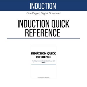 Może przedstawiać: Cyfrowe pobranie zatytułowane "INDUCTION QUICK REFERENCE". Obraz zawiera tytuł dużymi, pogrubionymi, czarnymi literami. Poniżej mniejszy tekst brzmi "FAST, CLEAN, ANESTHESIA ESSENTIALS FOR SRNAs."
