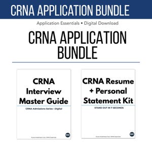 Puede incluir: Un paquete de descarga digital para solicitudes de CRNA. La imagen presenta el texto "CRNA APPLICATION BUNDLE" y dos guías: "CRNA Interview Master Guide" y "CRNA Resume + Personal Statement Kit."