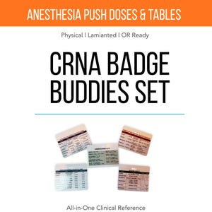 Può includere: Un set di schede laminate CRNA Badge Buddies con dosaggi e tabelle di anestesia. Le schede sono bianche con testo nero e vari grafici e tabelle. Il testo "CRNA BADGE BUDDIES SET" è ben visibile.
