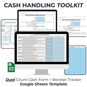 Pode incluir: Um kit de ferramentas digital para manuseio de dinheiro com um resumo de reconciliação de contagem dupla, uma lista de verificação de controle interno, um formulário de caixa e um rastreador de recibos, apresentados como modelos do Google Sheets.