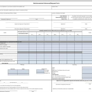 Puede incluir: Un formulario de solicitud de anticipo/reembolso en blanco, blanco y gris, con múltiples campos de información. El formulario incluye secciones para gastos, firmas y fechas. El texto "Reimbursement Advance/Request Form" está en la parte superior.