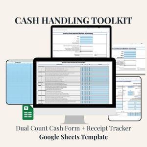 Op de afbeelding: Een digitale toolkit voor kasbeheer met een computermonitor die een interne controlelijst voor kasbeheer weergeeft, naast diverse spreadsheet-sjablonen voor kasafstemmingen en het bijhouden van bonnetjes.