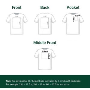 Puede incluir: Diagrama de una camiseta blanca con medidas de tama&ntilde;o de impresi&oacute;n. Las &aacute;reas de impresi&oacute;n delantera y trasera miden 27,9 cm por 27,9 cm. El &aacute;rea de impresi&oacute;n del bolsillo mide 11,4 cm por 11,4 cm. El &aacute;rea de impresi&oacute;n frontal media mide 11,4 cm por 11,4 cm.