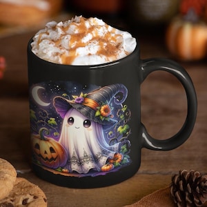 Halloween-Geist-Becher - gruselige süße Kaffeetasse mit Kürbissen und Hexengeistern Schwarze Keramiktasse für Herbst-Halloween-Dekor-Trinkgeschirr