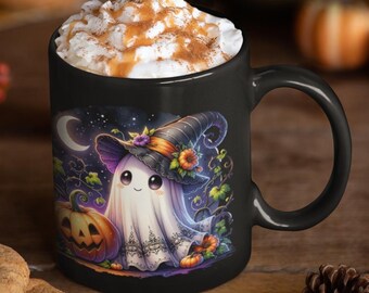 Halloween Ghost Mug- Spooky cute Coffee Cup with Pumpkins & Witchy Ghosts Black Ceramic Mug for Fall Halloween Decor Drinkware