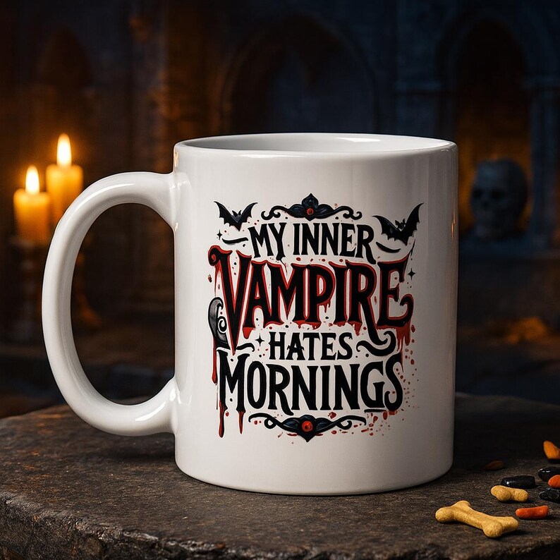 Puede incluir: Taza de cer&aacute;mica blanca con el texto "MY INNER VAMPIRE HATES MORNINGS" en letras g&oacute;ticas rojas y negras. La taza presenta murci&eacute;lagos y gotas de sangre, ideal para Halloween.
