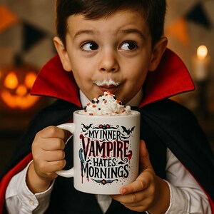Puede incluir: Un ni&ntilde;o disfrazado de vampiro sostiene una taza blanca llena de crema batida y chispas. La taza dice "My Inner Vampire Hates Mornings". El ni&ntilde;o lleva una capa negra con cuello rojo. Tema de Halloween.