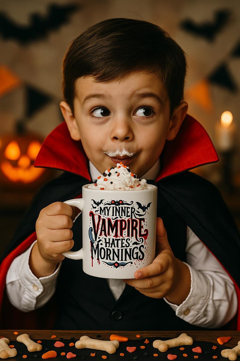 Puede incluir: Un ni&ntilde;o disfrazado de vampiro sostiene una taza blanca llena de crema batida y chispas. La taza dice "My Inner Vampire Hates Mornings". El ni&ntilde;o lleva una capa negra con cuello rojo. Tema de Halloween.