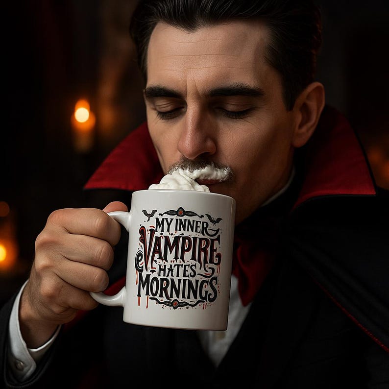 Puede incluir: Taza de cer&aacute;mica blanca con el texto "MY INNER VAMPIRE HATES MORNINGS" en letras negras y rojas. La taza la sostiene una persona que lleva un traje negro y una capa con forro rojo. La persona est&aacute; bebiendo de la taza, con crema batida en el labio superior.