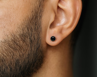 Black CZ Stud Earrings for Men – Rhodium Plated Silver, Minimalist Unisex Style