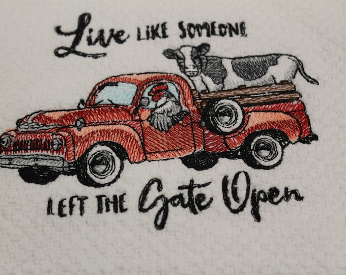 Kitchen hand towel, embroidered Red pickup, cow, Leave the gate open