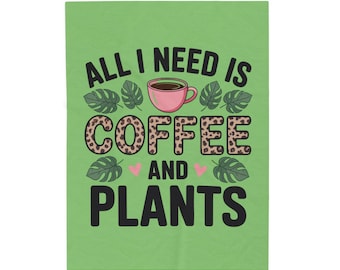 Coffee and Plants Throw Blanket, Cozy Fleece Blanket, Plant Lover Gift
