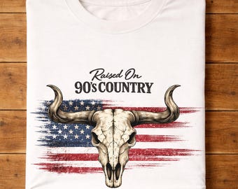Raised On 90s Country Bull Skull Graphic Tee, Retro Western Cowgirl Shirt