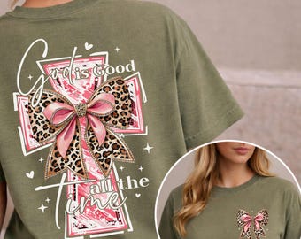 Comfort Colors Christian Tee, Pink Bow Leopard Cross Graphic