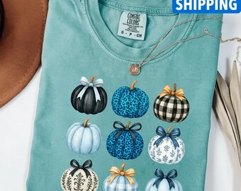 Comfort Colors, Vintage Pumpkin Bow T-Shirt, Cozy Fall Tee