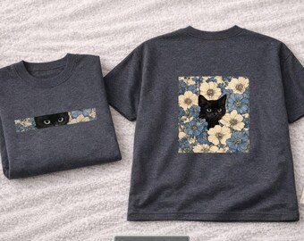 Vintage Botanical Cat T-Shirt, Floral Moonlight Cat Tee, Minimalist Graphic Shirt