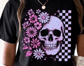 Dark Floral Skull Graphic Tee, Gothic Botanical Whimsigoth Shirt