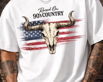 90s Country Skull Shirt, American Flag Western Grunge Tee, Retro Music Rodeo Style