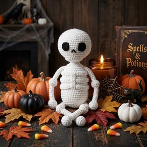 May include: A white crocheted skeleton doll with a round head and black circular eyes, sitting upright. The doll features a simple stitched mouth line and a segmented rib cage design, crafted with yarn in a seated position with legs crossed.