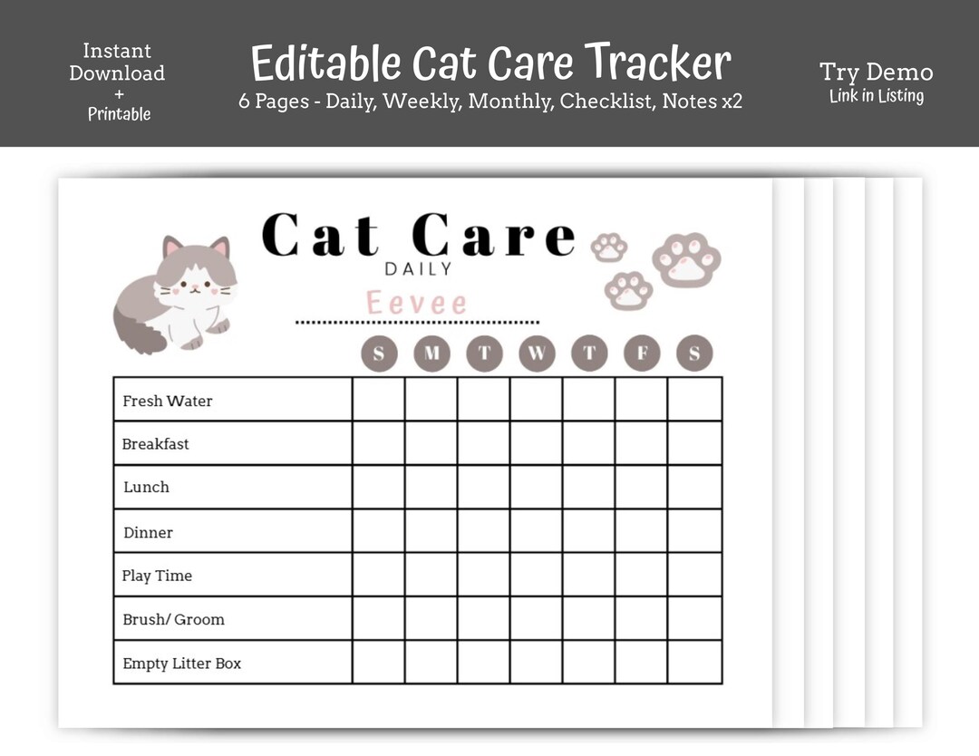 Cat Care Tracker Printable | Kids Pet Planner & Chore Chart | Cute ...