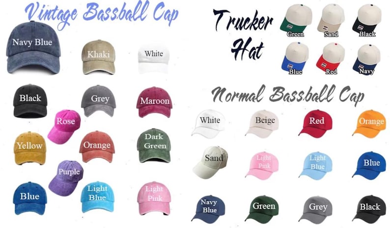 Op de afbeelding: Een collectie baseballpetten en trucker-petten in diverse kleuren, waaronder marineblauw, kaki, wit, zwart, grijs, bordeaux, roze, geel, oranje, donkergroen, paars, lichtblauw, lichtroze, beige, rood en zand, voorzien van hun respectievelijke kleurnamen.
