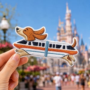 Cute Doxie Monorail Embroidered Patch, Retro Theme Sausage Dog Iron On Patch, Dachshund Lover Gift, Cute Dog Sew On