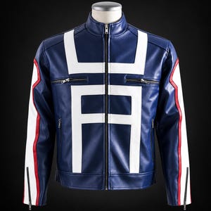 May include: A blue faux leather jacket featuring a white geometric pattern on the chest, a stand-up collar, and a full-length front zipper. The sleeves include white panels with thin red piping and black zippered cuffs, plus two chest pockets.