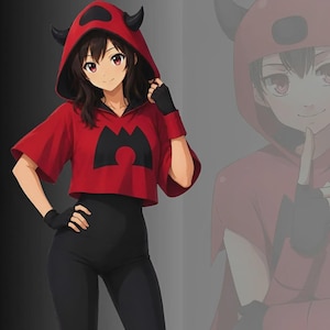 May include: An anime-style character wearing a red cropped hoodie with black devil horns on the hood and a black graphic design on the chest. The outfit includes black fingerless gloves, black wristbands, and black leggings, featuring a dark aesthetic.