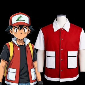Könnte beinhalten: Ein kurzärmeliges Hemd mit Knopfleiste, rotem Rumpf, weißen Ärmeln, weißem Kragen und zwei weißen Vordertaschen mit schwarzem Rand. Das Design bildet die Weste der Figur Ash Ketchum aus der Pokémon-Serie nach.