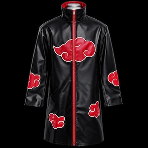 May include: A black long-sleeve coat with a high collar and a full-length front zipper. The coat features a smooth, leather-like finish and is decorated with multiple red cloud-shaped appliques that have white outlines across the front and sleeves.