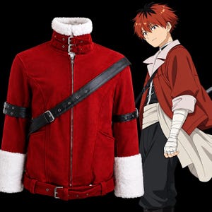 May include: A red jacket with a white faux fur collar and cuffs, featuring a black diagonal strap across the chest, two black buckled arm bands, a front zipper, and a buckled belt at the hem, displayed alongside an anime character illustration.