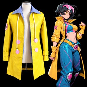 May include: A yellow long-sleeved coat with a light blue collar and lining, featuring white drawstrings and four circular pink patches on the front and sleeve. The coat is displayed alongside an illustration of a character wearing the same garment.