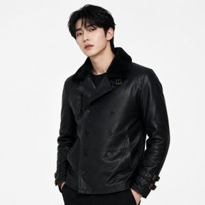 May include: A black leather double-breasted jacket featuring a wide collar with a black faux fur lining, dark buttons, and adjustable buckled straps at the cuffs. The jacket has a structured design with a smooth finish and a clean, dark aesthetic.