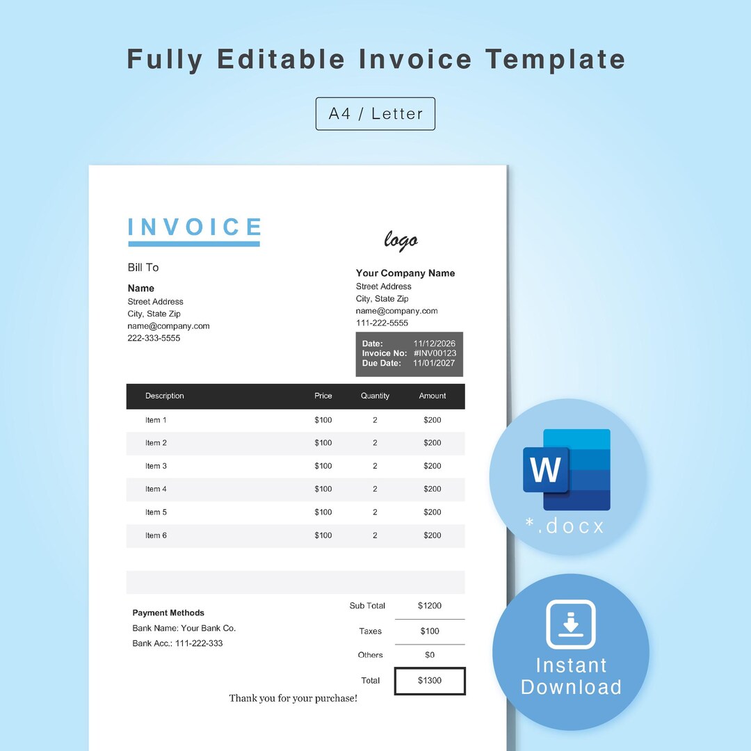 Small Business Invoice Template Editable Document Modern Layout ...