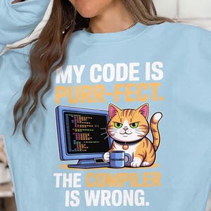 May include: Light blue sweatshirt with the text "MY CODE IS PURR-FECT. THE COMPILER IS WRONG." A cartoon cat with orange and white fur sits next to a computer screen. The cat holds a mug.
