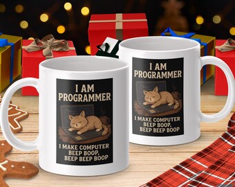 Taza divertida de gato programador: un lindo gato durmiendo codificando, regalo para desarrolladores.