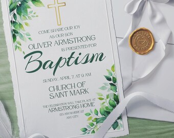 Baptism Invitation Greenery | Canva Template | Design for Christening | ML015