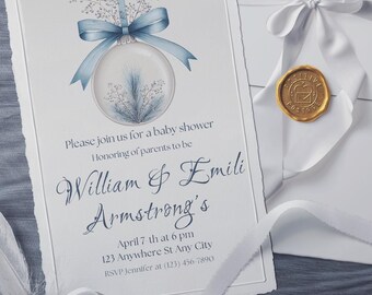 Winter Ornament Baby Shower Invitation, Blue Silver, Editable Canva Template (Digital Download) LS982